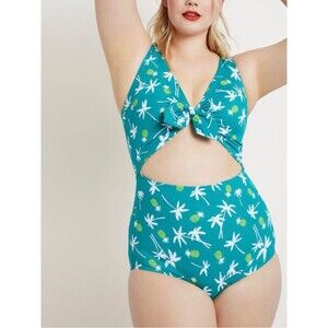 Eloquii Teal Pineapple Palm One-Piece Cut Out Swimsuit with Front Tie Size 20W